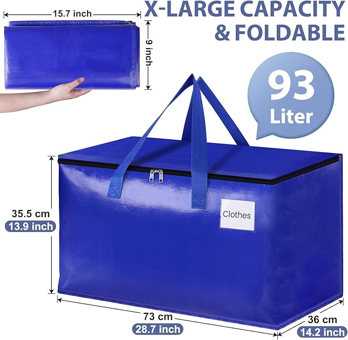StorageRight Moving Bags-Heavy Duty Moving Boxes, Storage Totes with Zipper, Reinforced Handles and Tag Pocket-Collapsible Moving Supplies for moving, Storage and Travel 93L(Blue-6 Pack)