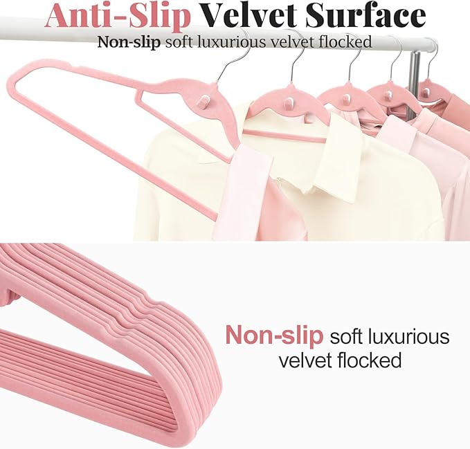 UEAKPIC Velvet Felt Stackable Hangers 50 Pack, Non Slip, with 360°Swivel Hook, Ultra Thin and Space Saving for Suits, Shirts, Coats, 15Lbs Capacity Heavy Duty, Pink