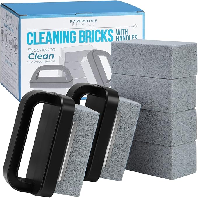 Powerstone Pumice Grill Stone Cleaning Block with Handle Set - Includes 2 Handles, 6 Pumice Stones for Cleaning Oven, Griddle, BBQ Grates, Stove, Flat Tops, Cookware, & Pans
