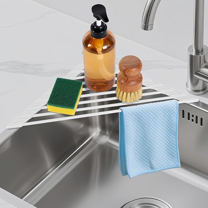 HANZENMA Triangular Sink Rack, Multi-Functional Rack Above The countertop, Foldable Sink Drying mat, Heat-Resistant, Non-Slip, and Rust-Proof Dish Rack (White)