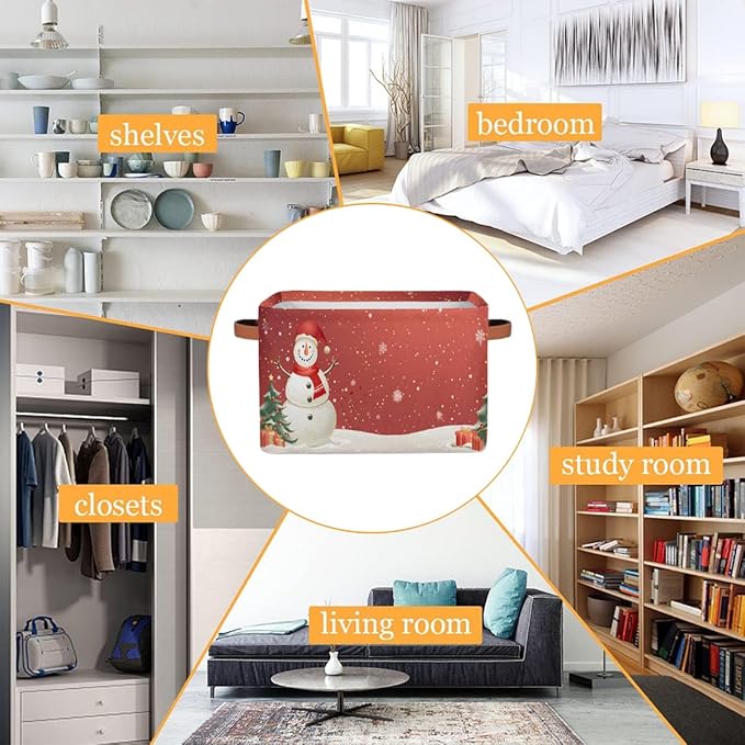 Storage Baskets Bin, Christmas Winter Snowman Collapsible Canvas Fabric Storage Bin Decorative Baskets Toy Organizer Rectangle Storage Boxes with Handles for Home Shelves Nursery, J-011
