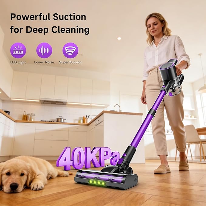 Honki Cordless Vacuum Cleaner, 500W/40Kpa Vacuum Cleaners for Home, Stick Vacuum Cordless with LED Display, Anti-Tangle & Wall Mount, 8 in 1 Lightweight Vacuum for Hard Floors Pet Hair(Purple)