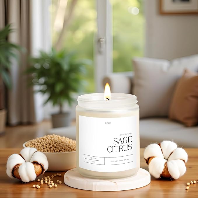 Sage Citrus Candles for Home Scented, 9oz Natural Soy Aromatherapy Non Toxic Candles with Long Lasting Fragrance & Clean Burn, Luxury Jar Candle Gift for Women, Men, Home Decoration, White