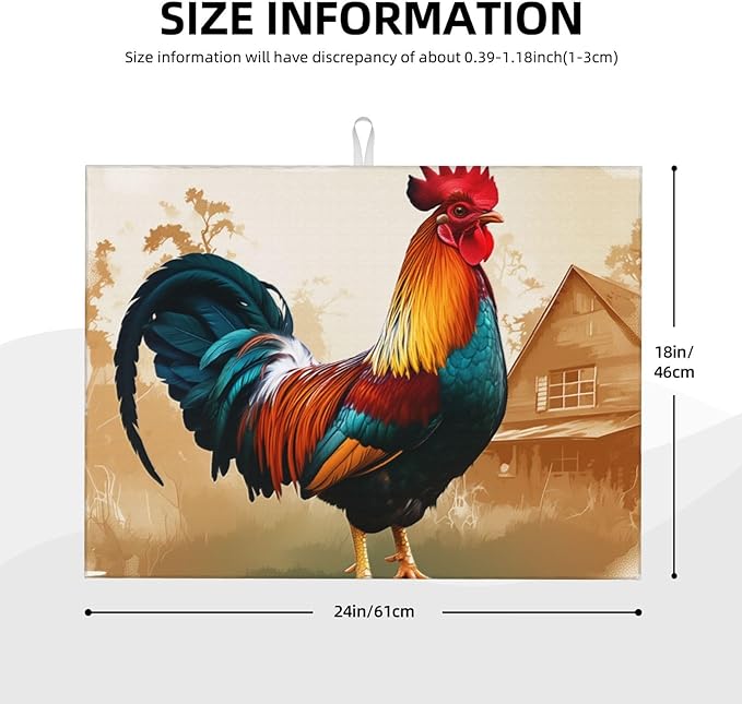 Indokyeyqaz Retro Rooster Dish Drying Mat for Kitchen Counter Absorbent Microfiber Drying Mat Reusable Washable 18x24 Inch Large Dish Mats For Drying Dishes