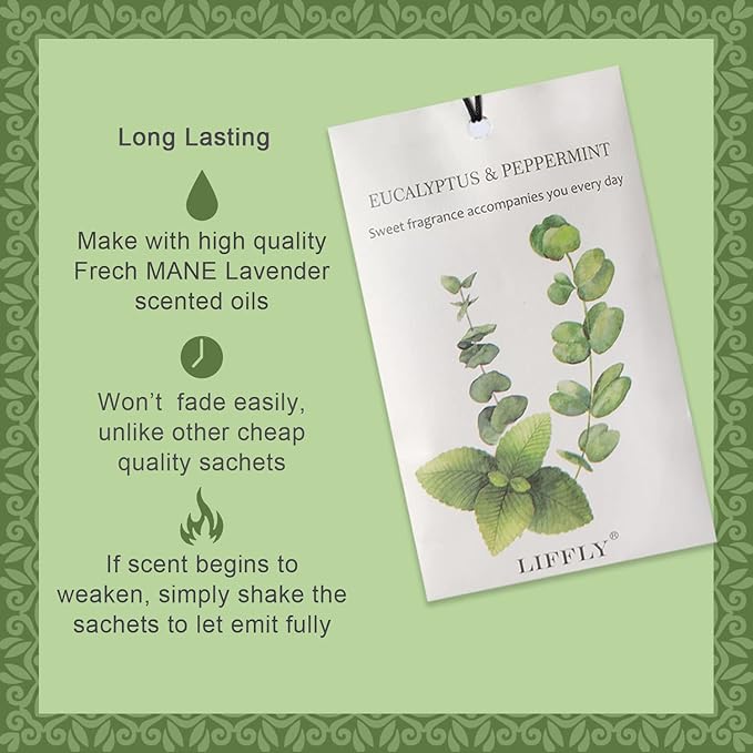 LIFFLY 14 Packs Eucalyptus Peppermint Scented Sachets fit Drawers and Closets
