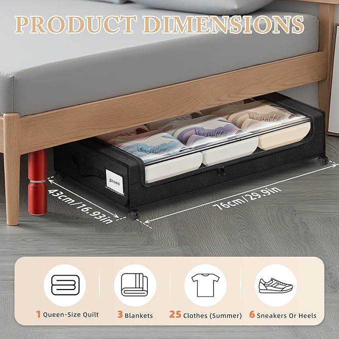 kleenhive Under Bed Storage with Wheels 2-Pack，Under Bed Storage Containers XXL，Underbed Shoes Storage with Clear Lid,Rolling UnderBed Metal Drawer for Clothes Blankets Easy Pull-out Black