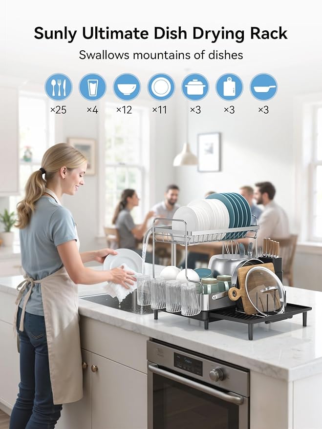 SUNLY 2 Tier Dish Drying Rack, Extra Large Dish Rack, Expandable Dish Racks for Kitchen Counter, Multifunctional Large Dish Drainers for Kitchen Counter, Black