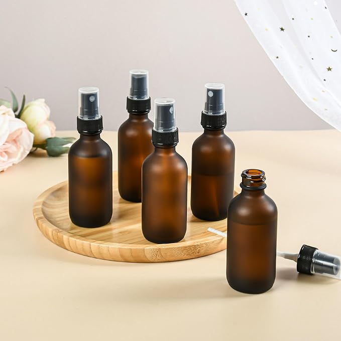 BILLIONSTARS 48 Pack 2oz Glass Boston Round Bottle with Fine Mist Sprayer - Amber Frosted - Essential Oils, Bath, Beauty, Hair & Cleaning - Leakproof Travel Bottles