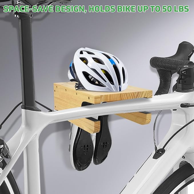 Wooden Bike Wall Mount Rack with Shelf and Hooks for Home, Space-Saving Indoor Horizontal Bike Storage Rack for Garage, Wood Wall Mounted Bike Hangers for Single Road, Mountain Bicycle