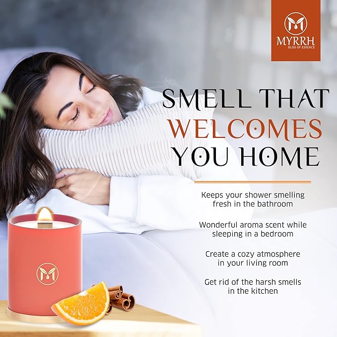 MyrrhUSA Orange Cinnamon Scented Candle – 15oz Natural Soy Wax with Crackling Wooden Wick & Essential Oil | 80 Hour Burn | Luxury Aromatherapy Candle for Relaxation, Home Décor, Living Room & Bathroom