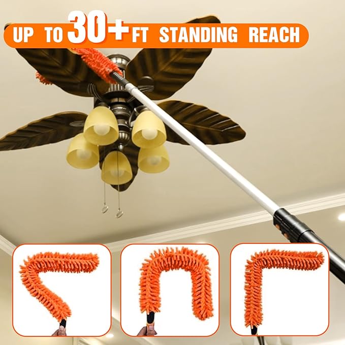 LAANPOLE 36FT High Reach Duster Cleaning Kit with Extension Pole, High Ceiling Fan Cleaner Duster Tool for Fan Blades, Window Washing Kit with Microfiber Feather Duster & Window Squeegee