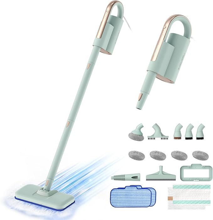 Newbealer Steam Mop & Detachable Handheld Cleaner, 250ml 1200W Powerful Floor Steamer, 3 Adjustable Levels for Carpet Laminate Hardwood Grout, Carpet Glider, 11 Multi-purpose Accessories & 2 Pads