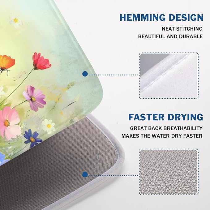 ABSOP Spring Summer Daisy Dish Drying Mat 18 x 24 Inch Colourful Floral Pattern Dish Drainer Rack Mat Absorbent Microfiber Mats Holiday Dish Pad for Kitchen Coffee Dining Bar Decor