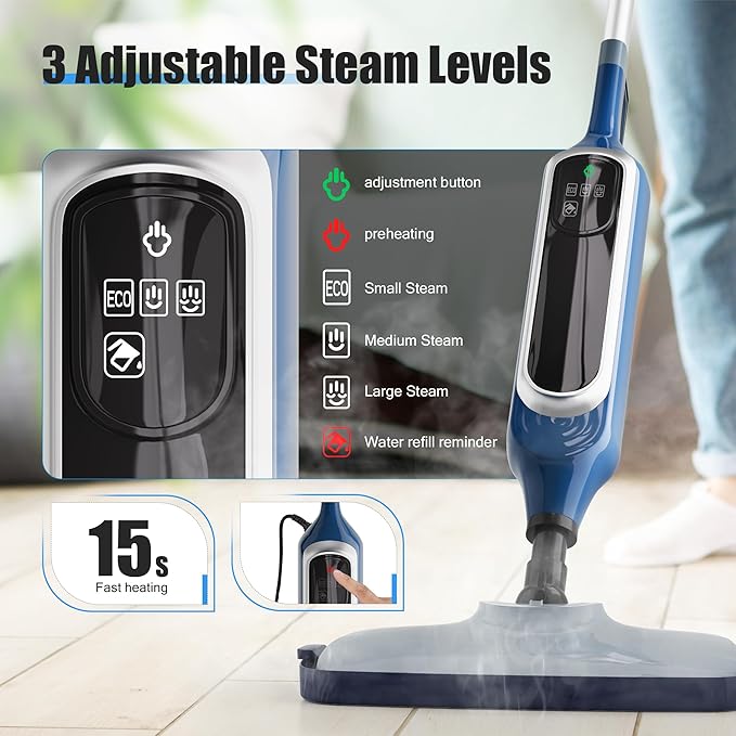 Sapodilla 12 in 1 Steam Mop, Detachable Handheld Steam Cleaner for Home, 23FT Cord, for Hardwood Floor Cleaning, Tile, Carpet, Furniture, Clothes, Windows, Blue