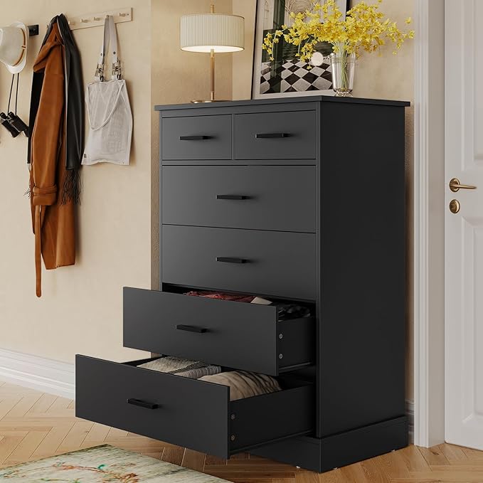 Hasuit Black Dresser for Bedroom, 6 Drawers Dresser Wood Storage Tower Clothes Organizer, Chest of 6 Drawers, Large Capacity Storage Cabinet, Tall Dressers for Bedroom, Hallway, Entryway