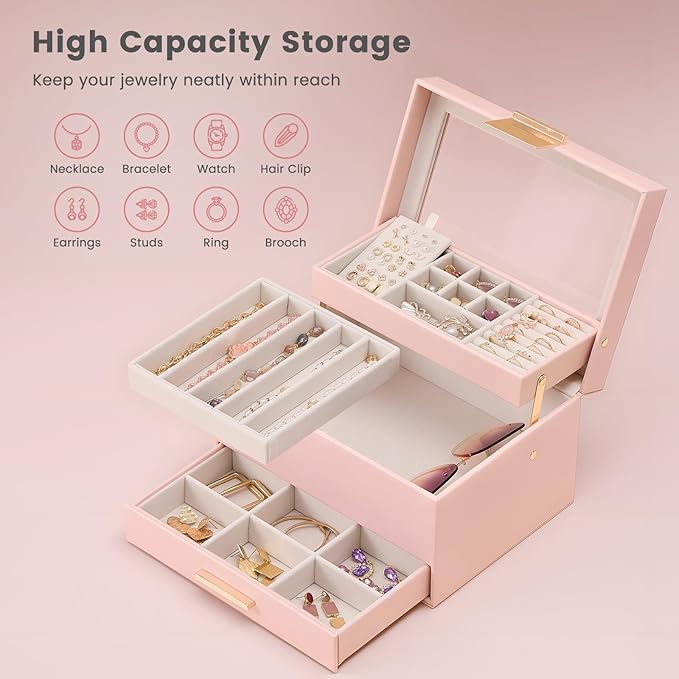 Lolalet Jewelry Box, Clear Window Jewelry Organizer with Drawer for Earrings Bracelets Necklaces Rings, Jewelry Storage for Women -Pink, 3 Layers