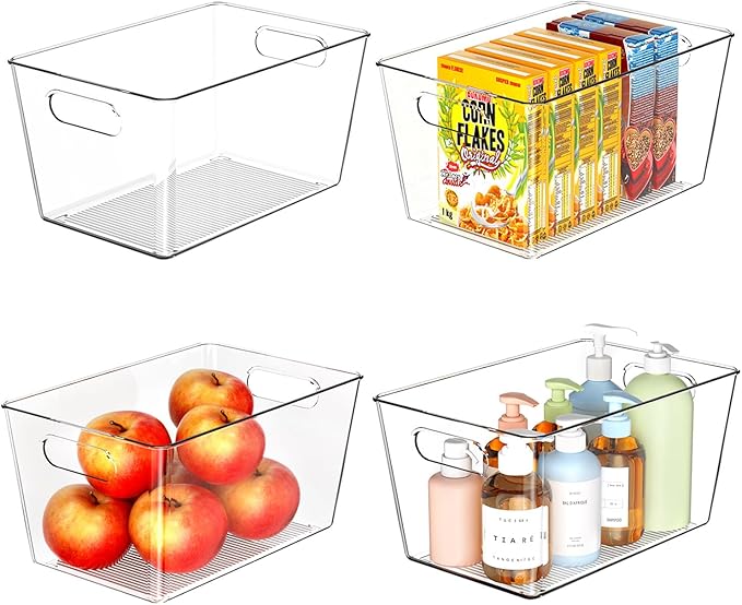 Joymeezo 4 Pack Clear Plastic Storage Bins, Pantry Organization and Storage Bins for Kitchen-Fridge Organizer, Pantry Storage Containers, Cabinet Organizers