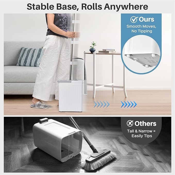 Mop and Bucket Set with AUTO Pump, 3-Zone Separate Dirty and Clean Water Floor Mop, Flat Mop and Bucket System with Wheels and Wringer, 3 Reusable Pads, One-Touch Water Filling for Floor Cleaning