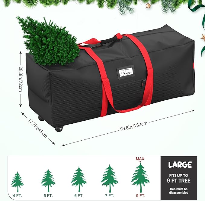 Mrrihand Christmas Tree Storage Bag, Large Artificial Anti-Tear Heavy-Duty 600D Oxford Cloth Xmax Christmas Tree Storage Box with Rolling Wheels, Christmas Tree Storage Container (Black, 9Ft)