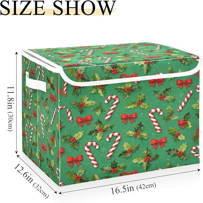 Christmas Candy Canes Holly Bows Storage Bins with Lids Foldable Storage Basket with Handles Collapsible Large Fabric Organizer Containers for Clothes Shelves Closet Office Home