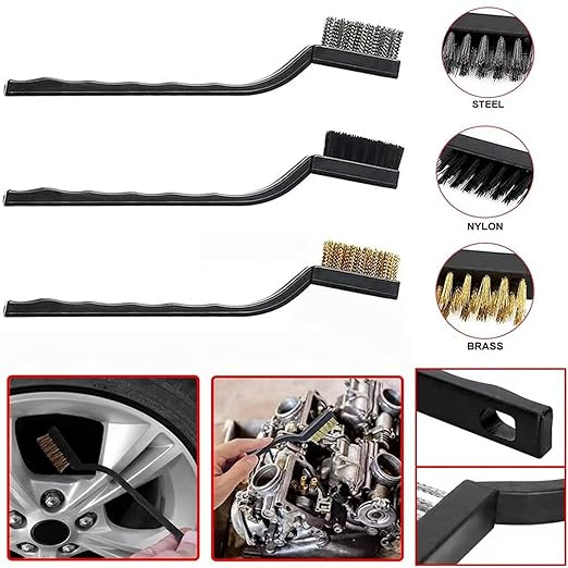 Wire Brush Set, 9-Piece, for Removing Weld slag, Rust and dust. Wire Cleaning Brushes comprise Three Different Sizes, Featuring Brass, Nylon and Stainless Steel Bristle Heads respectively, Black