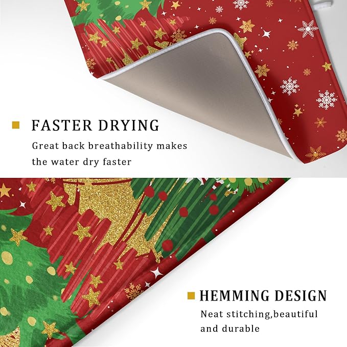Christmas Dish Drying Mat 18 x 24 Inch Red and Green Absorbent Reversible Microfiber Mat Xmas Tree and Snowflake Pattern Dish Rack Pad for Coffee Bar Winter Decor