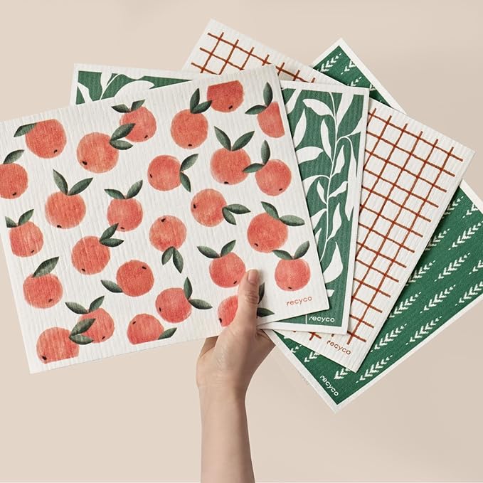 RECYCO Swedish Dishcloths for Kitchen | 4 Pack Oversized Washable Dish Rags | Large Cellulose Reusable Cleaning Paper Towels | Absorbent Counter Dish Cloth Sponge XL Kitchen Wipes, 12" L x 10" W