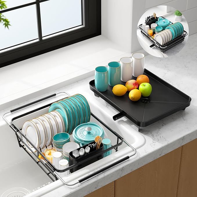 Sakugi Extendable Dish Drying Rack Over Sink with Dish Drainer, Sink Organization and Storage Essentials with Silverware & Utensil Holder, Home and Apartment Decor, 12" W x 16.1~23" L, Black