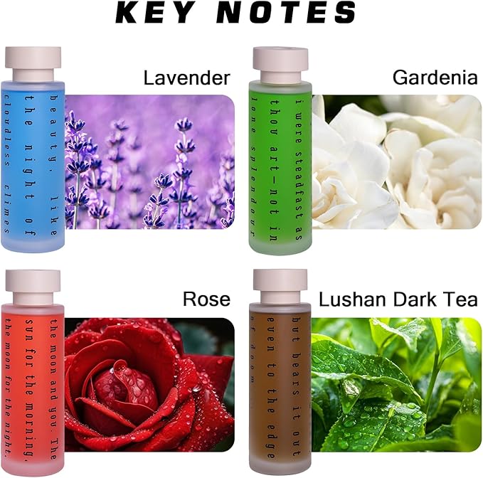 Ikeda Reed Diffuser Set of 4, Lavender, Gardenia, Rose&Tea Scented Diffuser with Sticks, 5.07 fl oz Each, Home Fragrance Essential Oils Diffusers for Bathroom, Shelf Decor&Air Fresheners