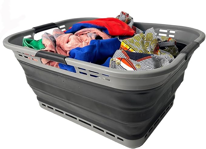 SAMMART 42L (11 Gallon) Collapsible Plastic Storage Basket - Foldable Pop Up Storage Container/Hamper - Portable Laundry Organizer - Space Saving (Grey/Black, 42L (Style A))