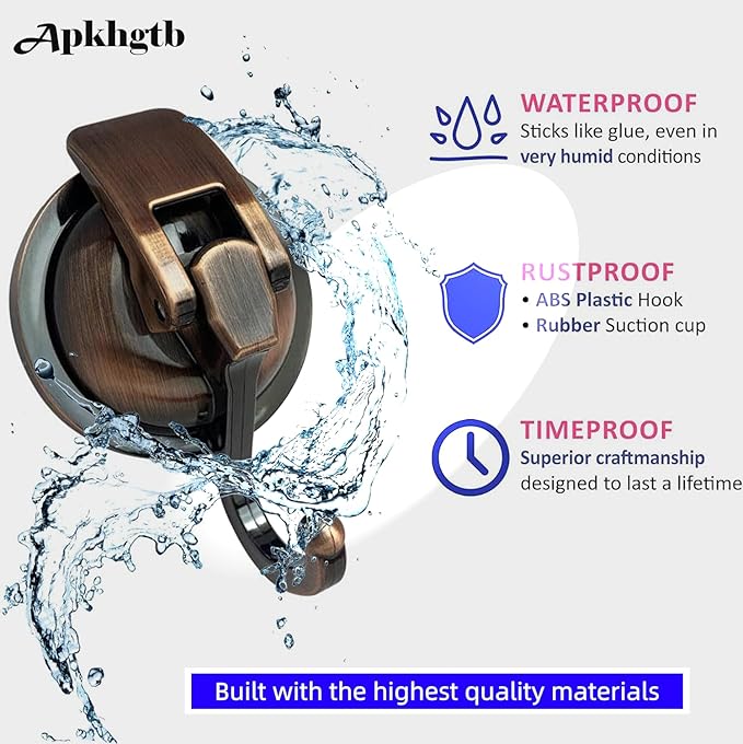Suction Cup Hooks for Shower, Bathroom, Kitchen, Glass Door, Mirror, Tile – Loofah, Towel, Coat, Bath Robe Hook Holder for Hanging – Waterproof Wreath Hanger (4 Pack, Red Bronze)