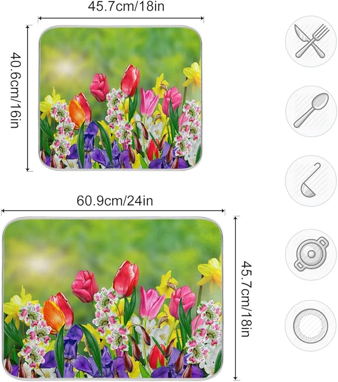 Daffodils and Tulips Flowers Dish Drying Mat 16x18 for Kitchen Counter Spring Floral Green Leaves Dishes Pad Absorbent Fast Dry Dish Draining Mats Medium Kitchen Accessories