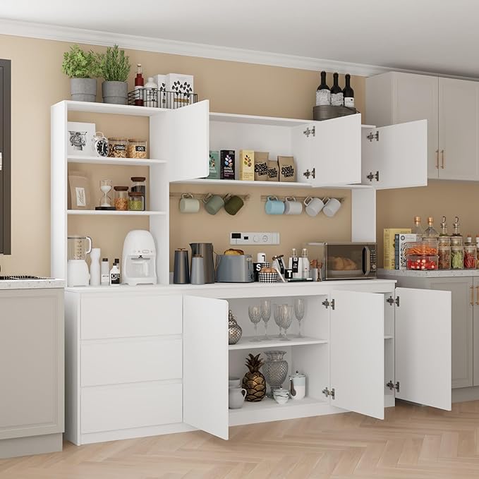 Extra Large Kitchen Pantry with Microwave Shelf, Kitchen Hutch Storage Cabinet with Countertop, Freestanding Countertop Cabinet with 3 Drawers and 3 Open Shelves, White