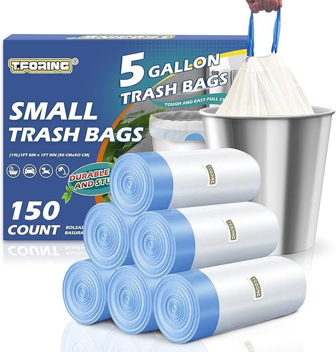 T.FORING 5 Gallon Trash Bags Drawstring 1.1 Mil - 150 Count 18 Liter Small Garbage Bags for Bathroom, Strong Unscented White Plastic Wastebasket Bin Liners for Kitchen Office Toilet and Bedroom