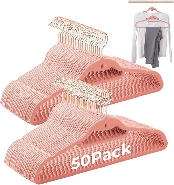 Limogoo Pink Velvet Hangers 50 Pack, Felt Covered Non Slip Fabric with Stackable Cascading Hook, Ultra Thin and Space Saving with 360° Swivel Neck, 15Lbs Capacity for Clothes, Suit, Shirt, Coat