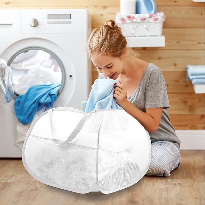 2 Pack Collapsible Laundry Baskets, 90L Large Foldable Laundry Basket, Durable Mesh Pop Up Hampers for Laundry, Dirty Clothes Laundry Hamper for Bedroom, Bathroom, Dorm, Laundry Room, Travel White