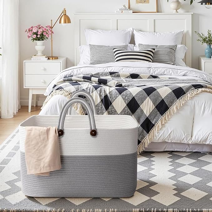 OIAHOMY 95L Large Blanket Basket, 24”x16”x15” Rectangle Woven Baskets For Storage, Nursery Blanket Storage Living Room, Toy Box With Long Handle-Gradient Grey With White