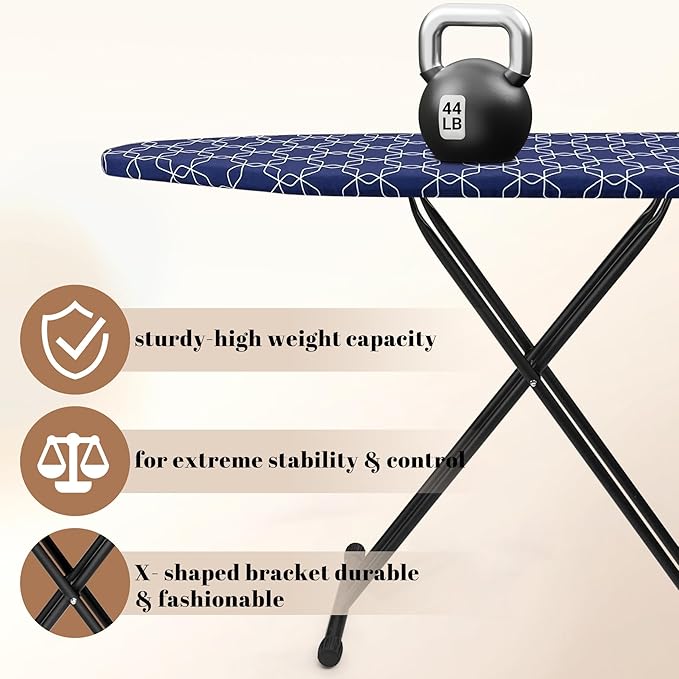 Deegureet Classic Ironing Board, Compact and Space Saver,Size 43 x 13 Ironing Board, Extra Wide Ironing Area with Extra Thick Heavy Duty Padded, Stable Structure,Easy to Fold Blue Geometry