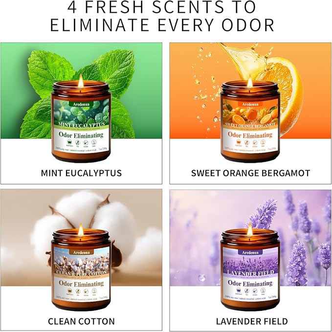 4 Pack Odor Eliminating Candles Set - Eliminates 95% of Pet, Bathroom, Food & Other Smells - Hand Poured Non-Toxic Soy Candle, Air Freshing Scent of Lavender/Orange/Mint/Cotton - Gifts Set for Women