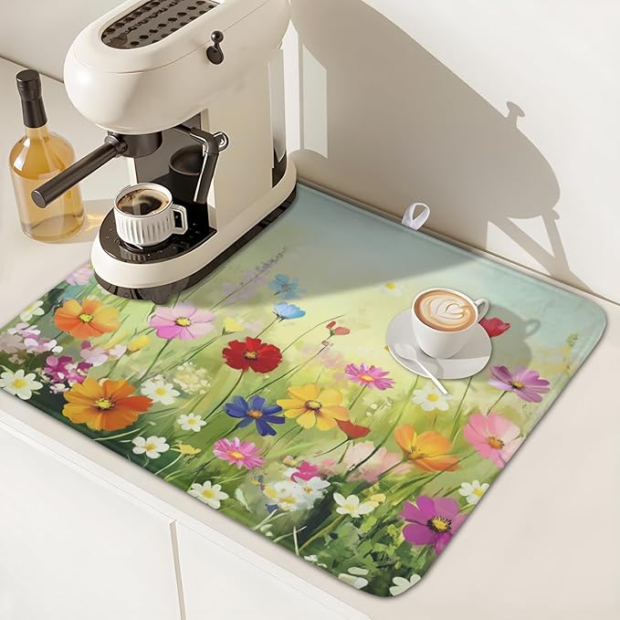 ABSOP Spring Summer Daisy Dish Drying Mat 16 x 18 Inch Colourful Floral Pattern Dish Drainer Rack Mat Absorbent Microfiber Mats Holiday Dish Pad for Kitchen Coffee Dining Bar Decor