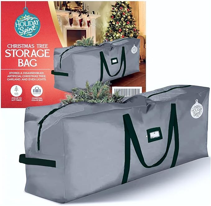 HOLIDAY SPIRIT Christmas Tree Storage Bag - Heavy-Duty Waterproof Christmas Tree Bag with Durable Reinforced Handles and Dual Zippers - Fits 7.5ft Tree, Protects from Dust and Moisture - Charcoal