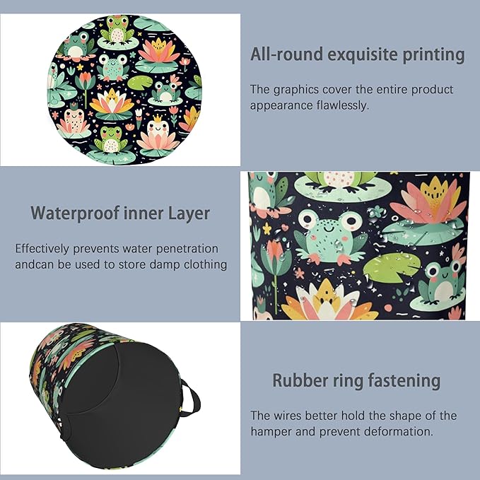 Funny Frog Laundry Basket,Foldable Oxford Cloth Tote Bag Laundry Hamper Clothes Storage Bucket Organizer for Bedroom Laundry Storage Dormitories 16" x 20.8"