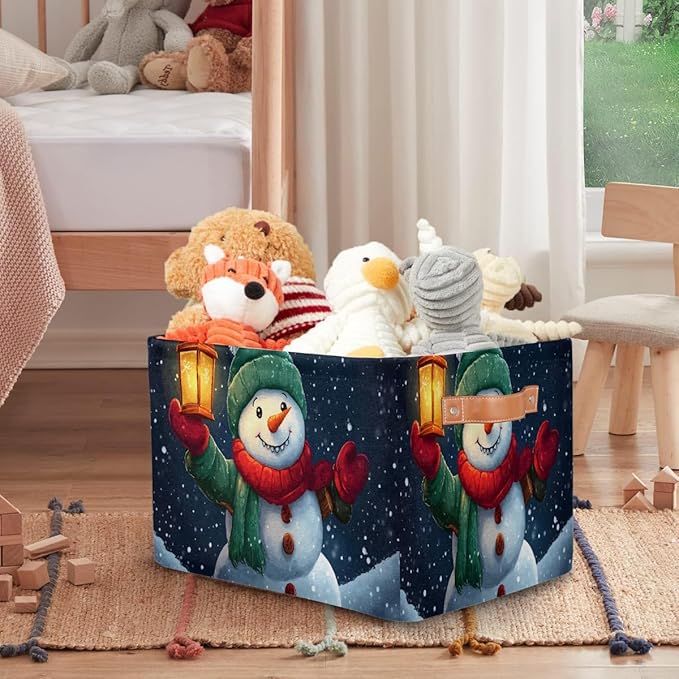 Storage Baskets Bin, Christmas Winter Snowman Collapsible Canvas Fabric Storage Bin Decorative Baskets Toy Organizer Rectangle Storage Boxes with Handles for Home Shelves Nursery, J-014