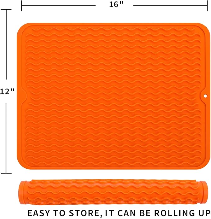 MicoYang Silicone Dish Drying Mat for Multiple Usage,Easy clean,Eco-friendly,Heat-resistant Silicone Mat for Kitchen Counter or Sink,Refrigerator or drawer liner Orange L 16 inches x 12 inches