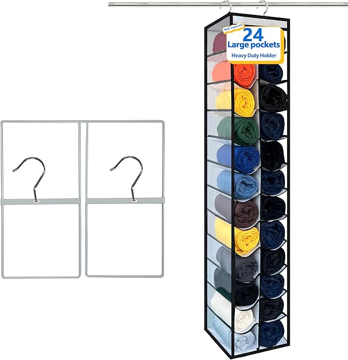 Zebricolo Closet Organization, 24 Section Hanging Closet Organizer, Space Saving, College Dorm Essentials, Heavy Duty Hooks Up to 45 Pounds, White/Black