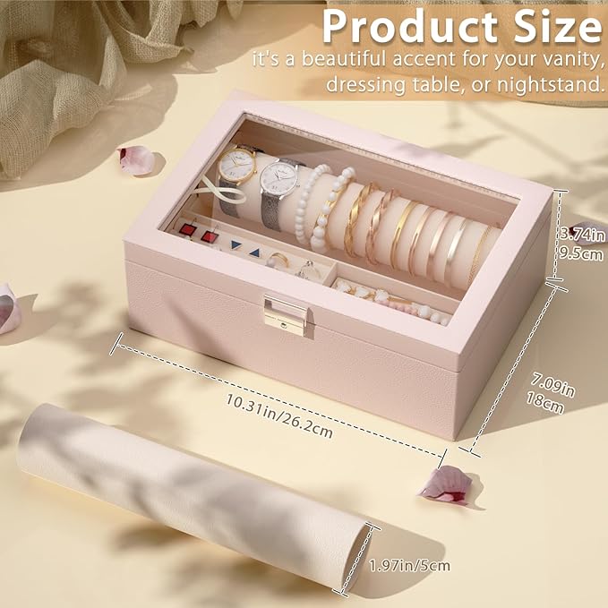 Jewelry Organizer Box with Clear Glass Lid, Bracelet Holder Jewelry Storage Case for Earrings, Rings, Bangles, Watches - PU Leather Jewelry Display Box Gifts for Women Girls, Pink
