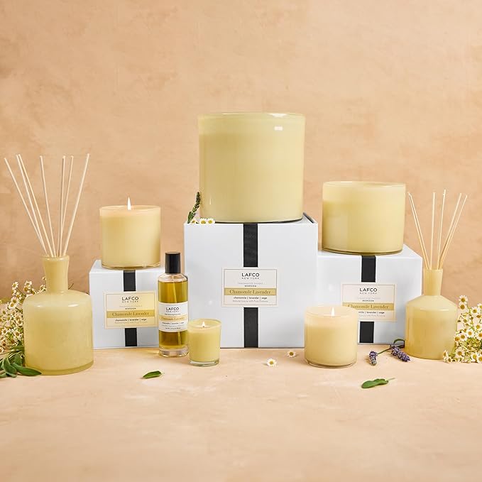LAFCO New York Signature Reed Diffuser, Chamomile Lavender - 15 oz - Up to 9 Months Fragrance Life - Reusable, Hand Blown Glass Vessel - Natural Wood Reeds - Made in The USA