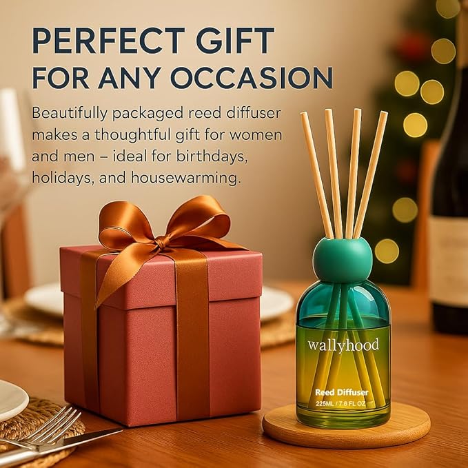 Reed Diffuser Set 7.6 fl oz (225ml) – Extended Flameless Home Fragrance for Bathroom, Bedroom & Living Room – Yellow Green Gradient Glass Decorative Reed Diffuser, Pet Friendly, Gift Ready