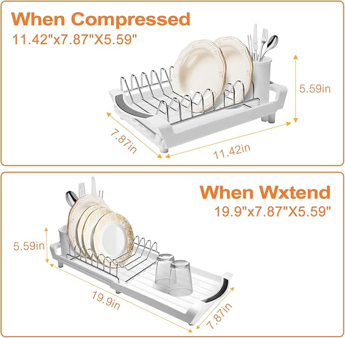 Dish Drying Rack Compact Expandable - A Space-Saving, Stainless Steel, Rust-Resistant Dish Drainer for Kitchen and Apartment Countertops/Sink Cabinets, Extendable from 11.42 to 19.9 inches (White)