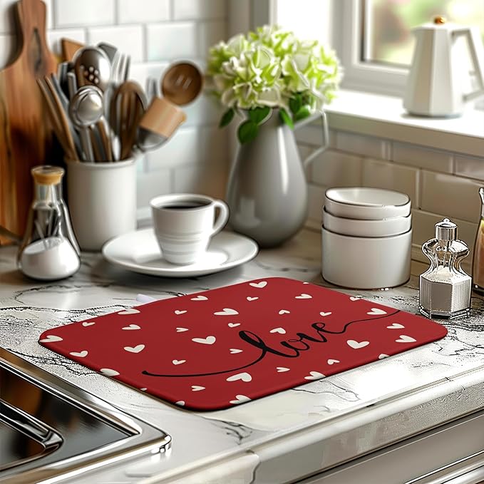Wnoesat Valentines Day Dish Drying Mat 18x24 Inch Valentine Red Love Heart Drying Mats for Kitchen Counter Super Absorbent Microfiber Medium Dish Drying Pad Heat Resistant Dish Draining Rack Mat